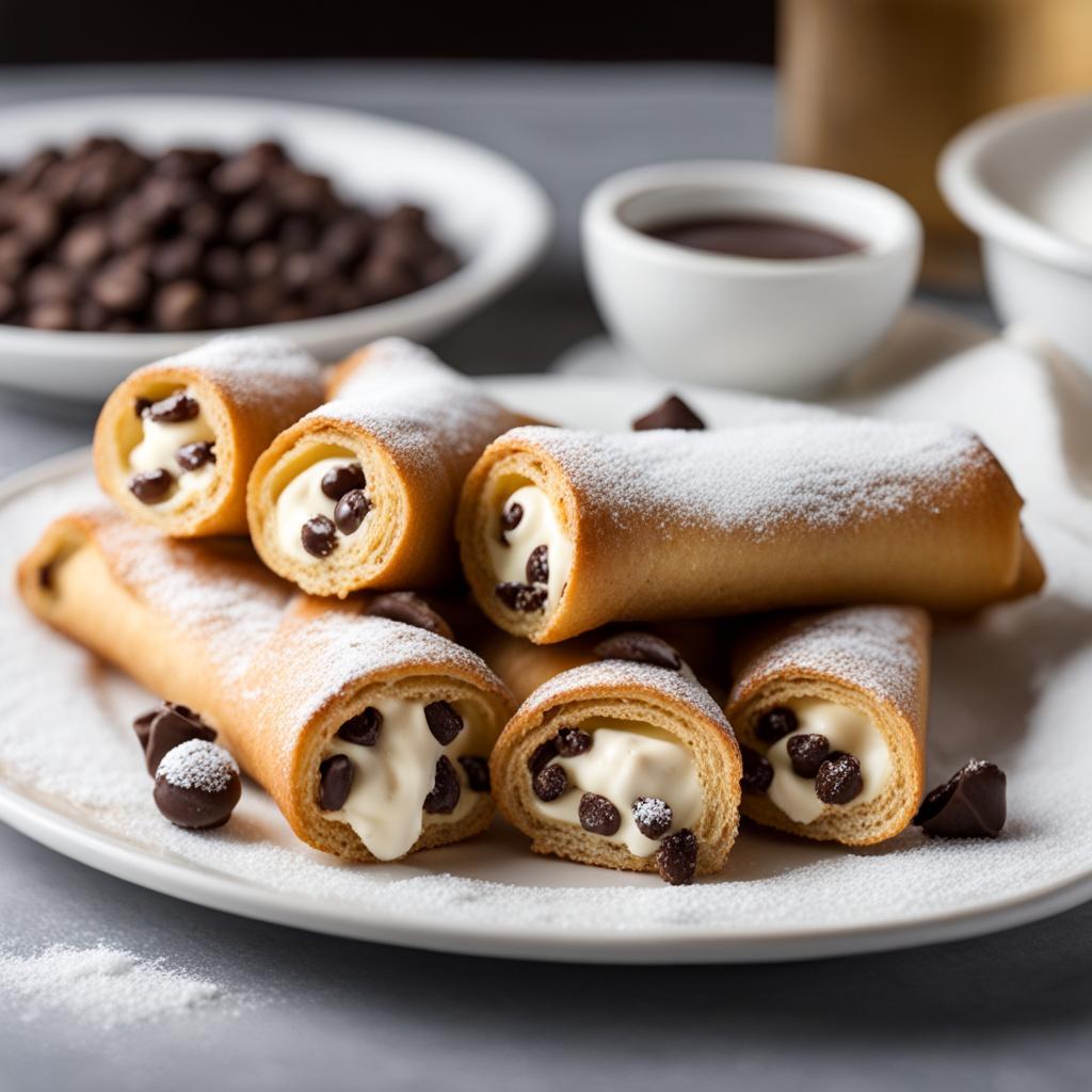 platter of dainty cream-filled cannoli, dusted with powdered sugar and chocolate chips. 