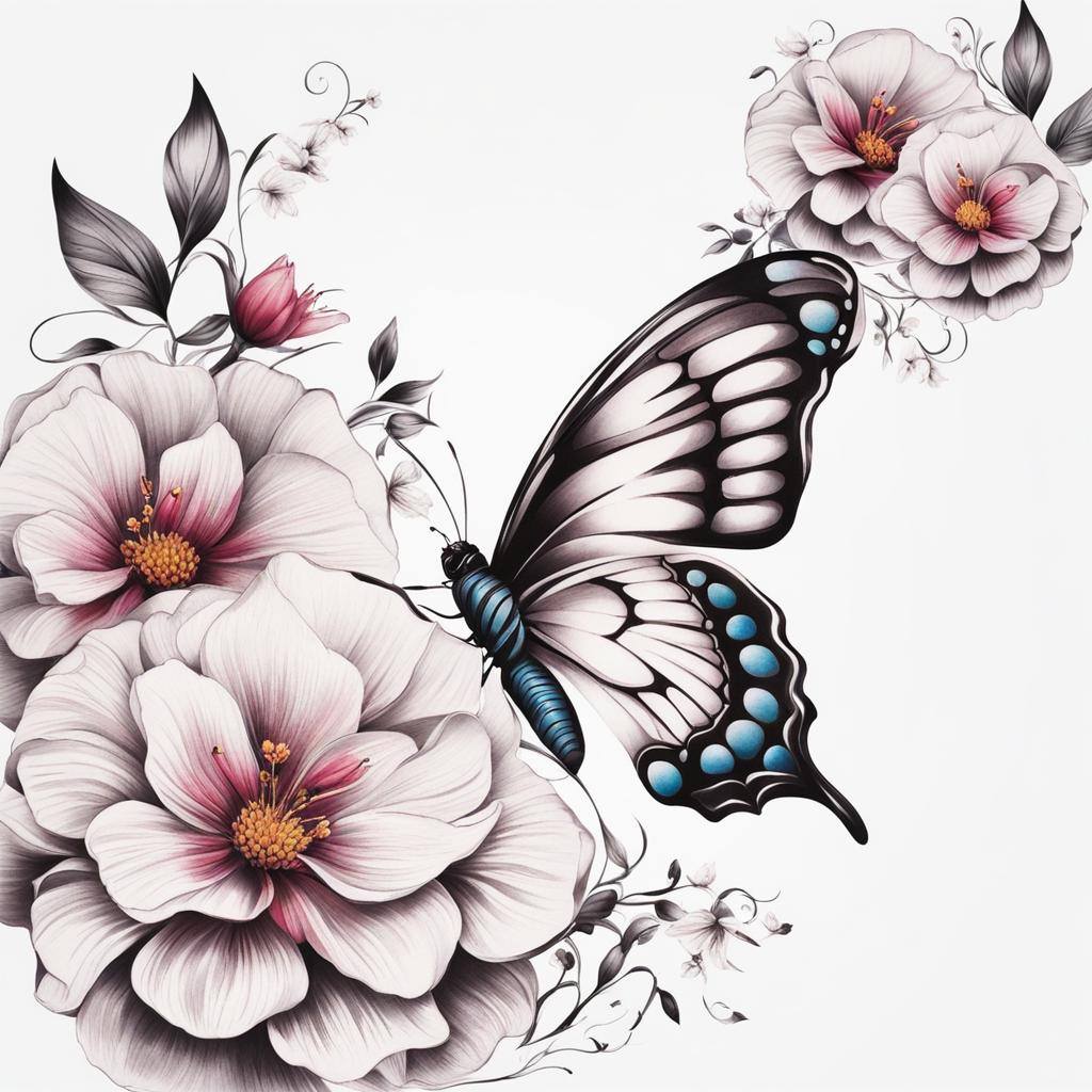 Flower with a butterfly tattoo,Tattoos that highlight the beauty of both flowers and butterflies. tattoo design, white background