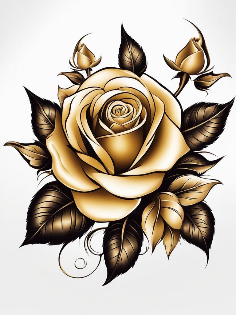 Gold rose tattoo, Elegant tattoos showcasing golden roses.  color, tattoo patterns, white clean background