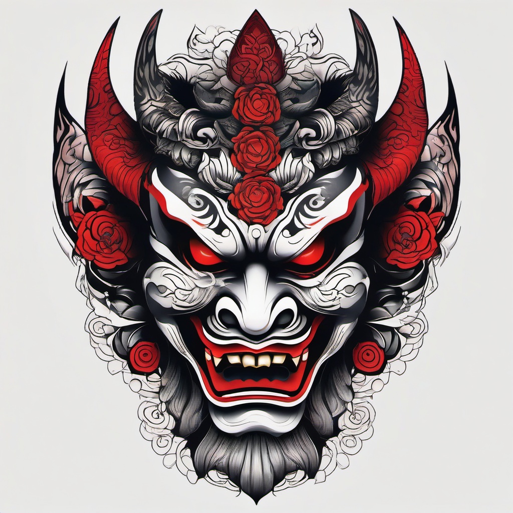 japanese demon mask tattoo designs  simple color tattoo,white background,minimal