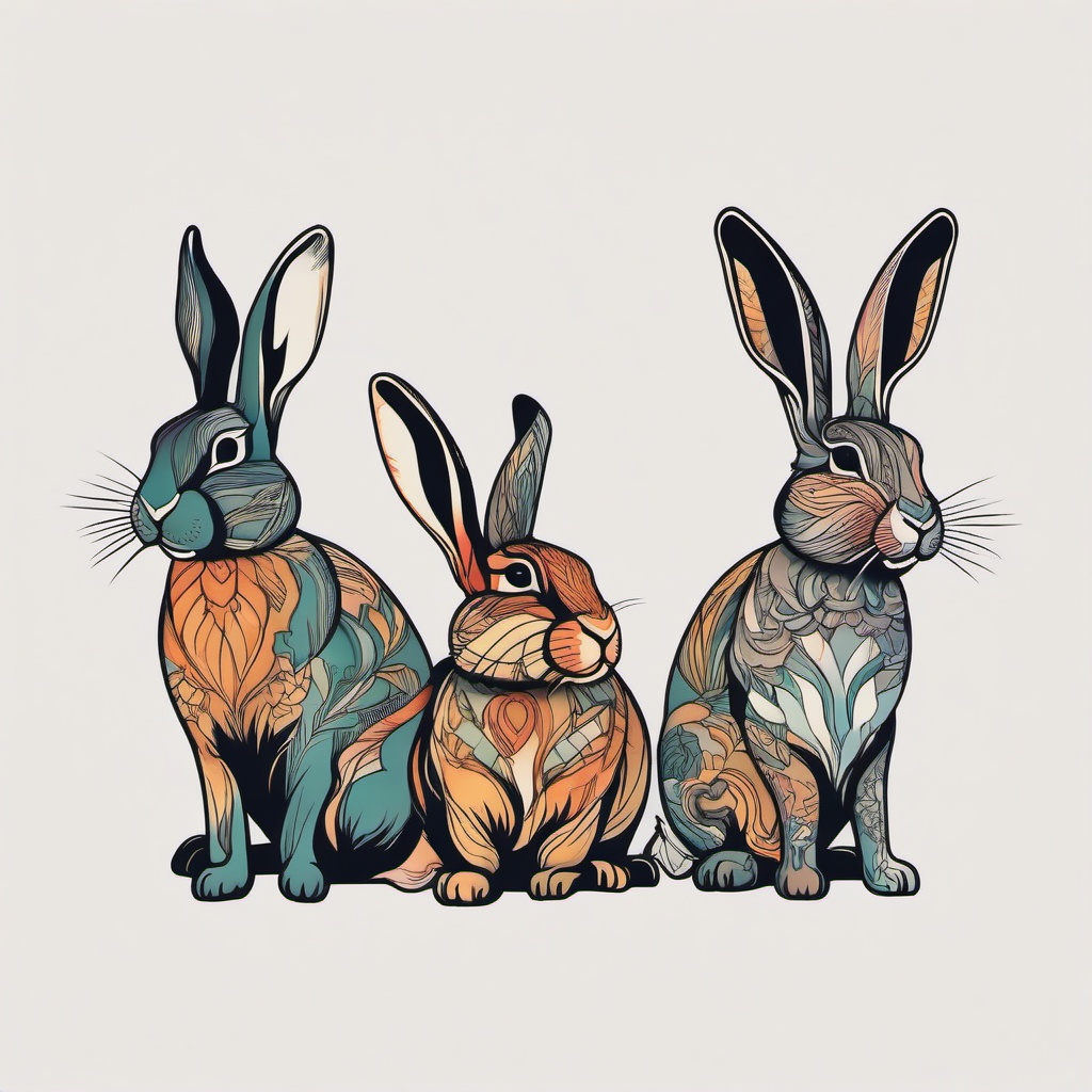 3 rabbits tattoo  minimalist color tattoo, vector