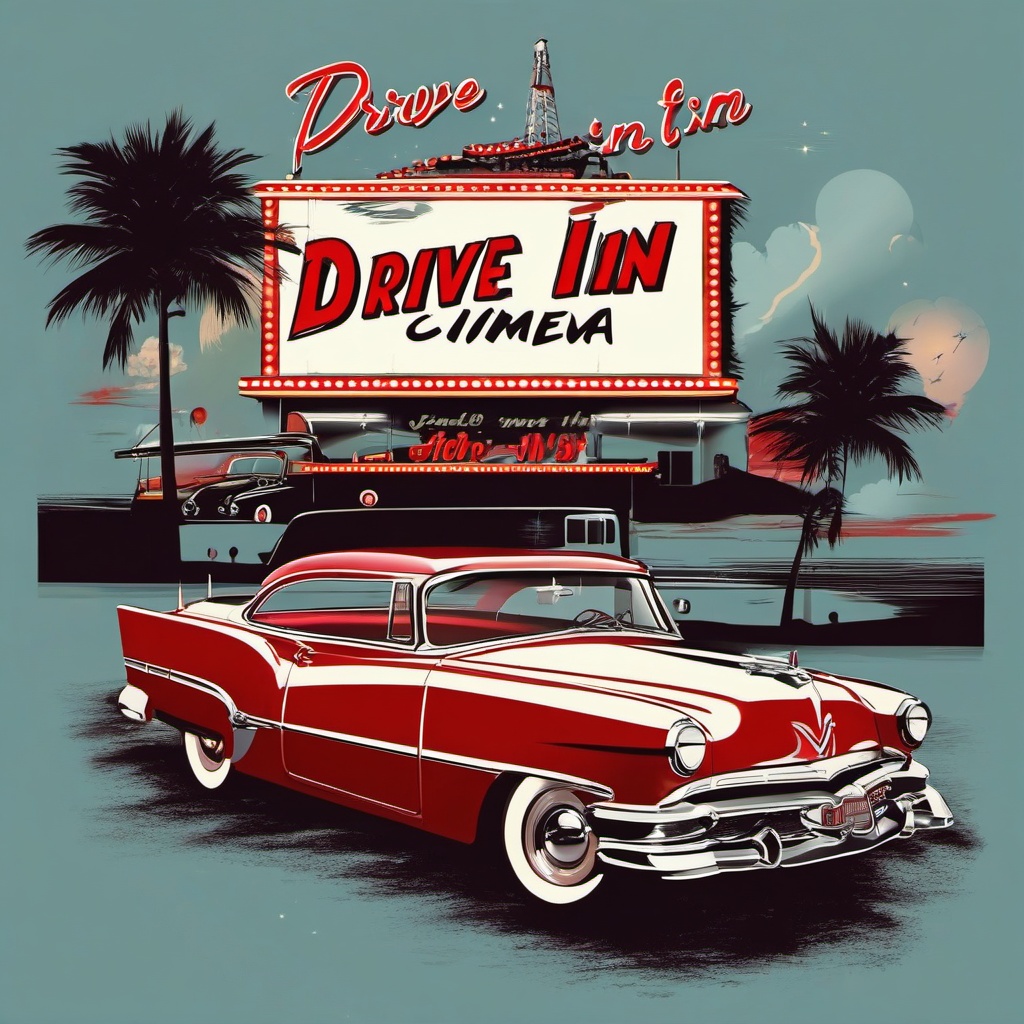 1950s Drive-In Cinema - Take a trip to the drive-in movies of the 1950s with your tee. , vector art, splash art, retro t shirt design