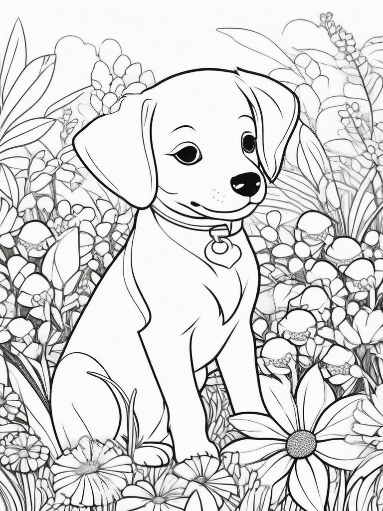 Puppy in a Garden Coloring Pages - Puppy Exploring a Flower Garden  minimal black outline printable sheet, coloring page