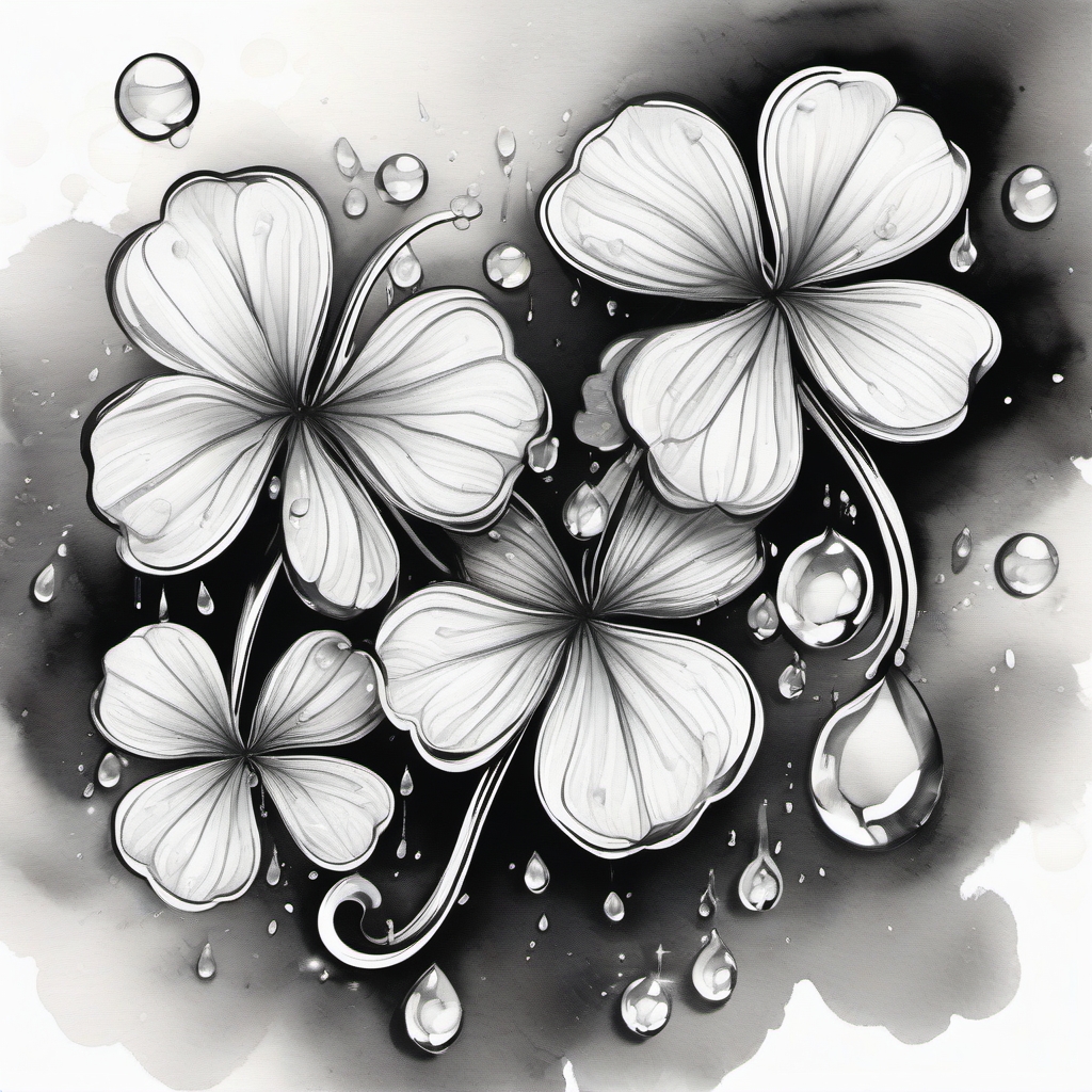 Water droplets on clover leaves ink: Dew-kissed charm symbolizing freshness.  black white tattoo, white background