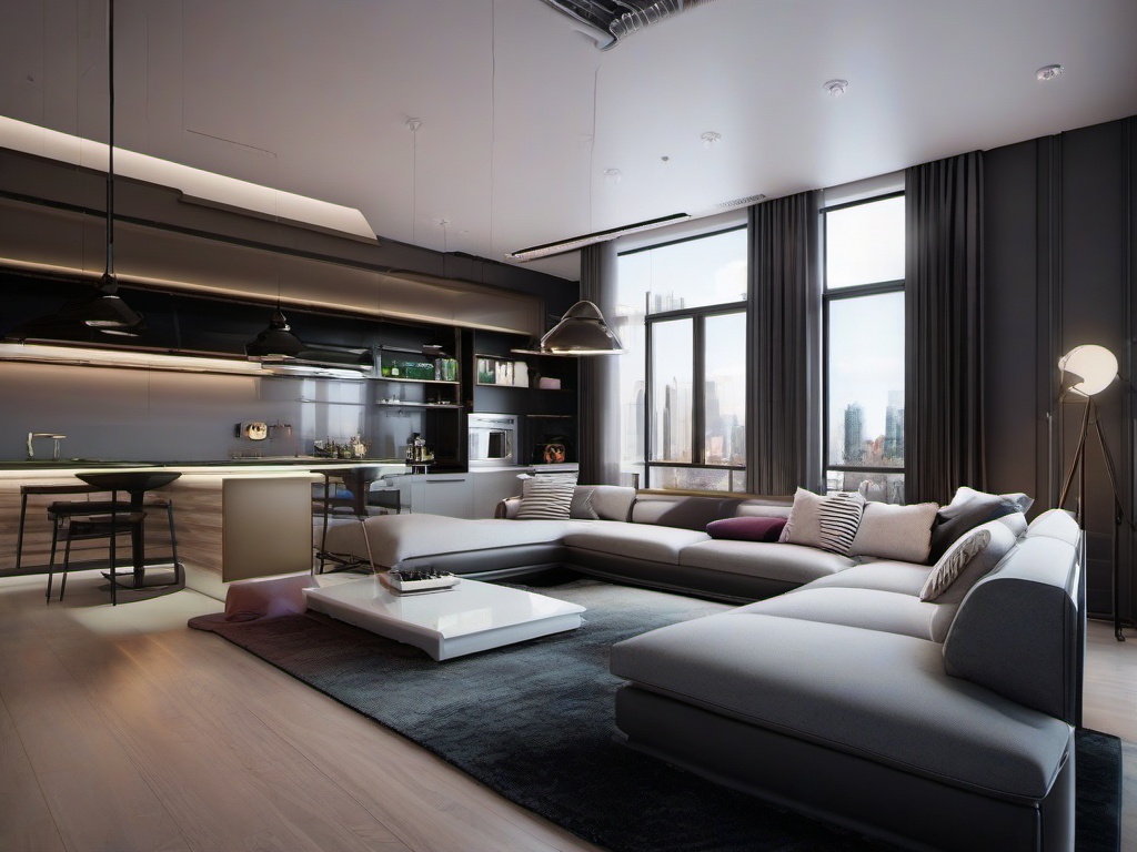 In the loft, futuristic interior design incorporates modern furnishings, open spaces, and cutting-edge technology that create a lively and inviting open-concept living area.  