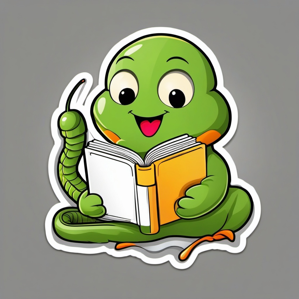 Bookworm Sticker - Happy worm reading a tiny book, ,vector color sticker art,minimal