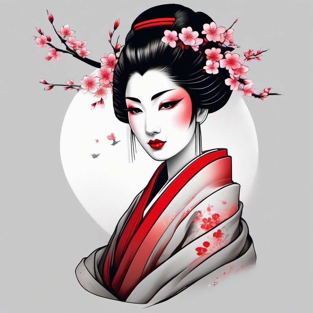 Geisha with Cherry Blossom Tattoo - Geisha with cherry blossoms tattoo.  simple color tattoo,white background,minimal