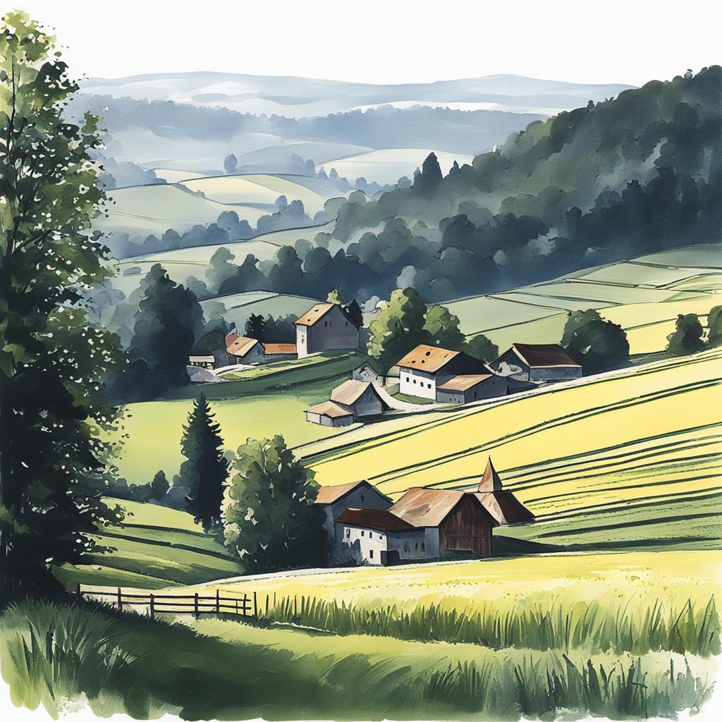 untouched emmental countryside - sketch the untouched emmental countryside, known for its idyllic farms and iconic swiss landscapes. 