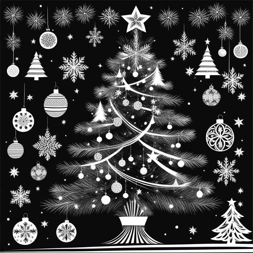 christmas tree clipart black and white - adorned with festive decorations. 