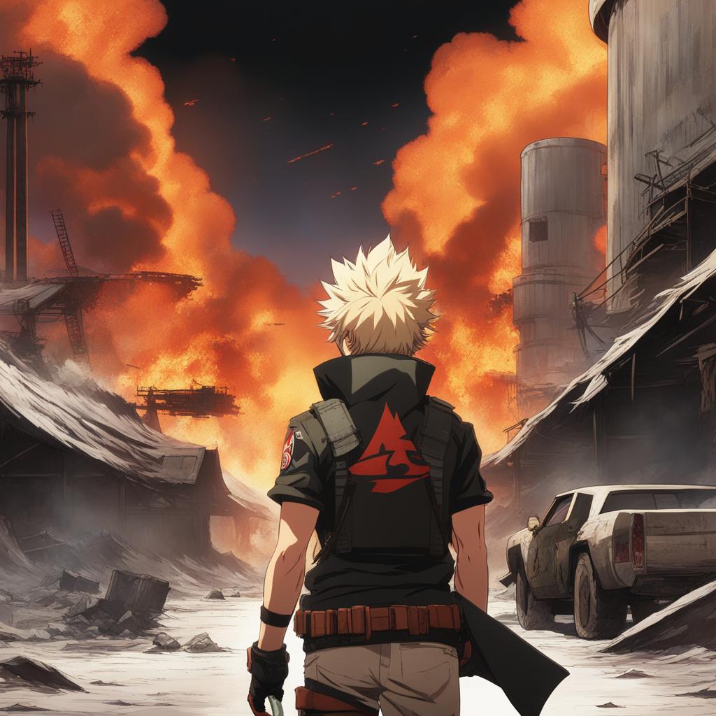 bakugou - races through a post-apocalyptic wasteland, leaving fiery trails in his wake. 