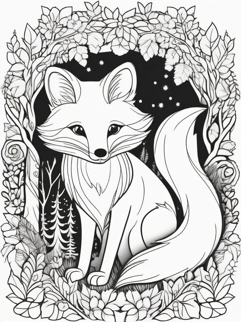 Fox Coloring Pages - Fox with vibrant fur patterns in a magical forest  simple coloring pages