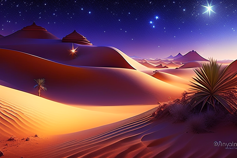 jinn, the mystical spirits, granting wishes in the shimmering sands of a desert oasis. 