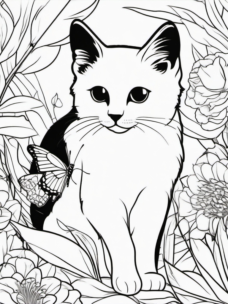 Kitty with a Butterfly and Flowers Coloring Pages - Kitten Surrounded by Nature  minimal black outline printable sheet, coloring page