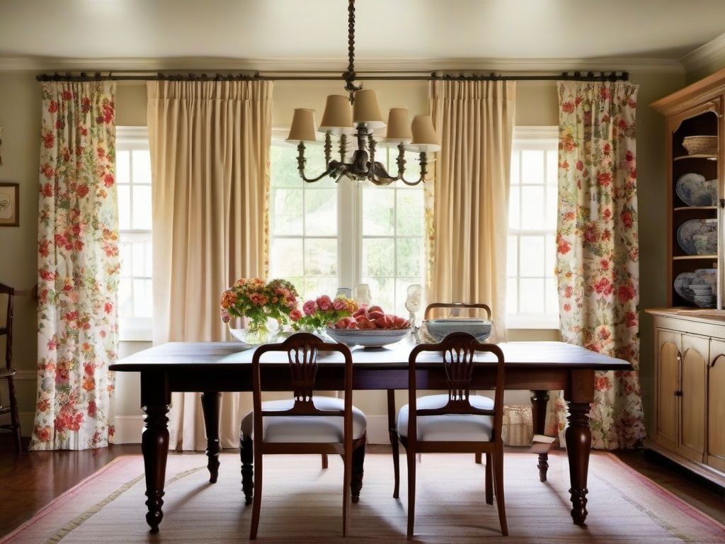 Country dining room combines a wooden farm table, floral curtains, and vintage china to evoke a warm, traditional home.  