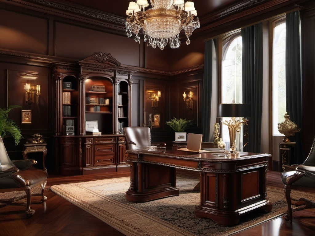 Victorian home office embodies classic elegance with ornate furnishings, rich textures, and intricate details, providing a luxurious feel for work.  