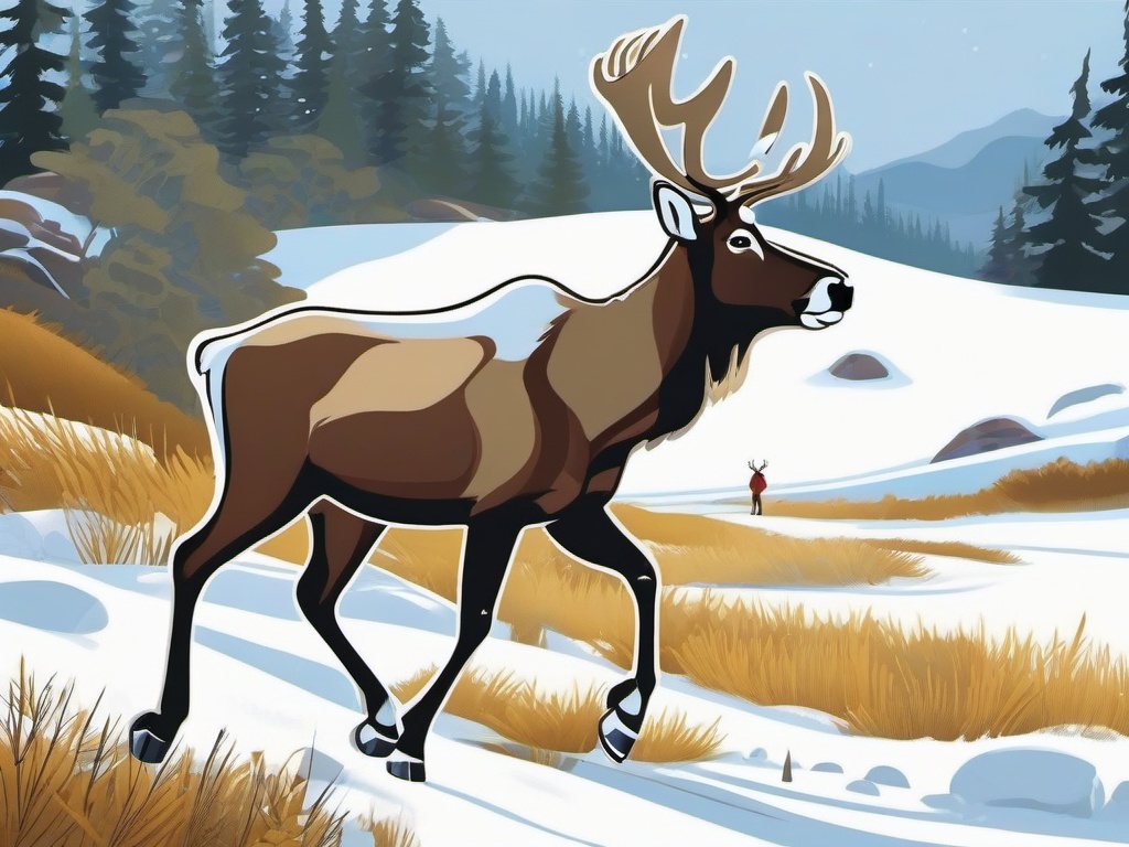 Caribou Cartoon - Cartoon of caribou trekking through snow  