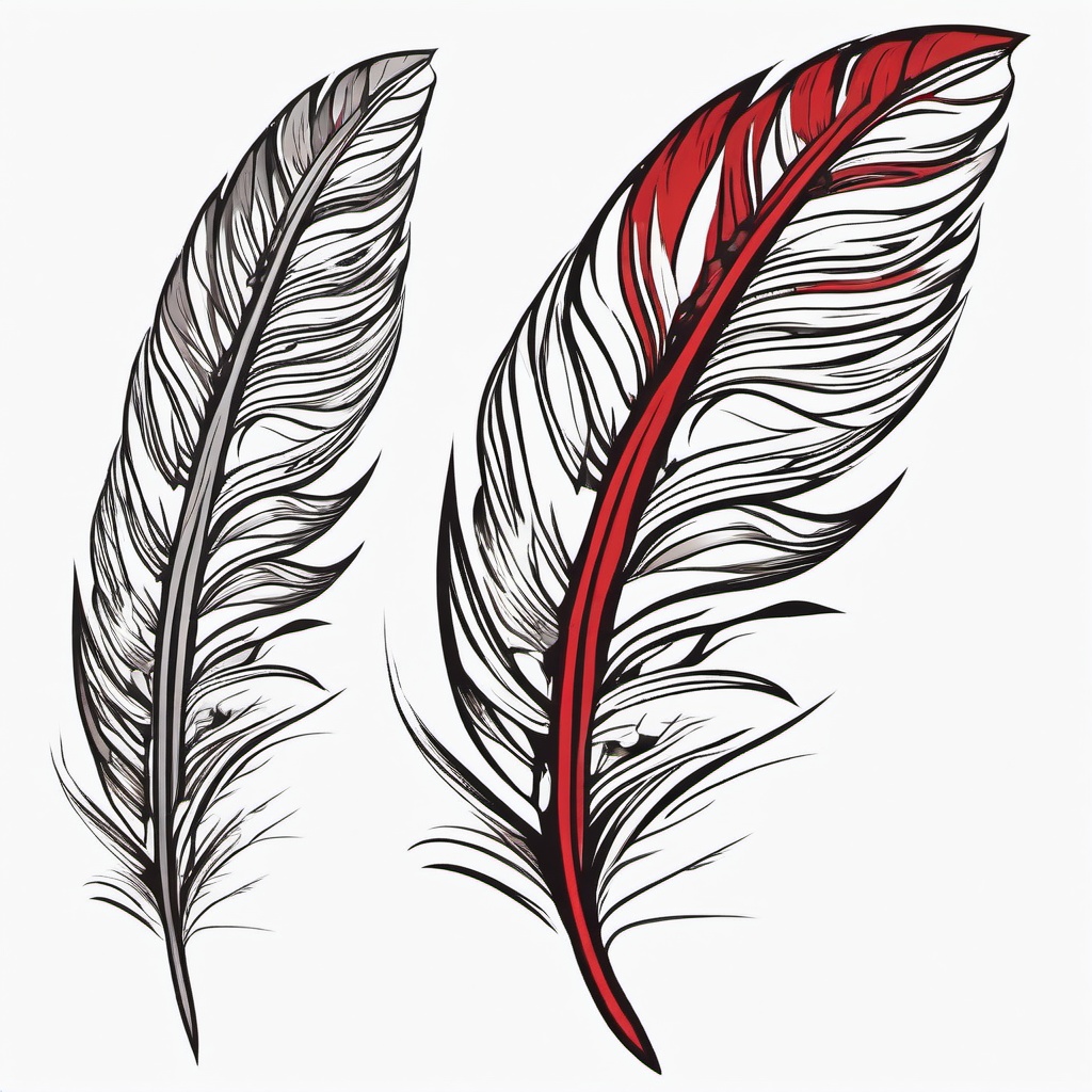 Red Indian Feather Tattoo - Red-colored feather with Native Indian influence.  simple vector tattoo,minimalist,white background