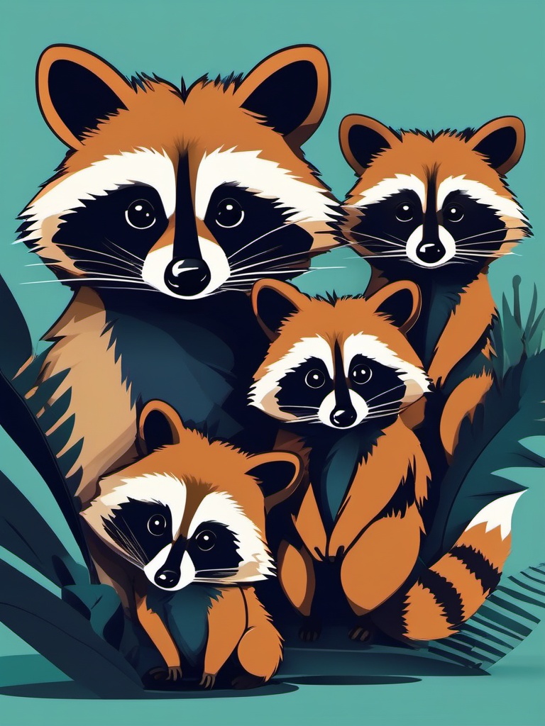 Raccoon Family Clip Art - Family of raccoons exploring,  color vector clipart, minimal style