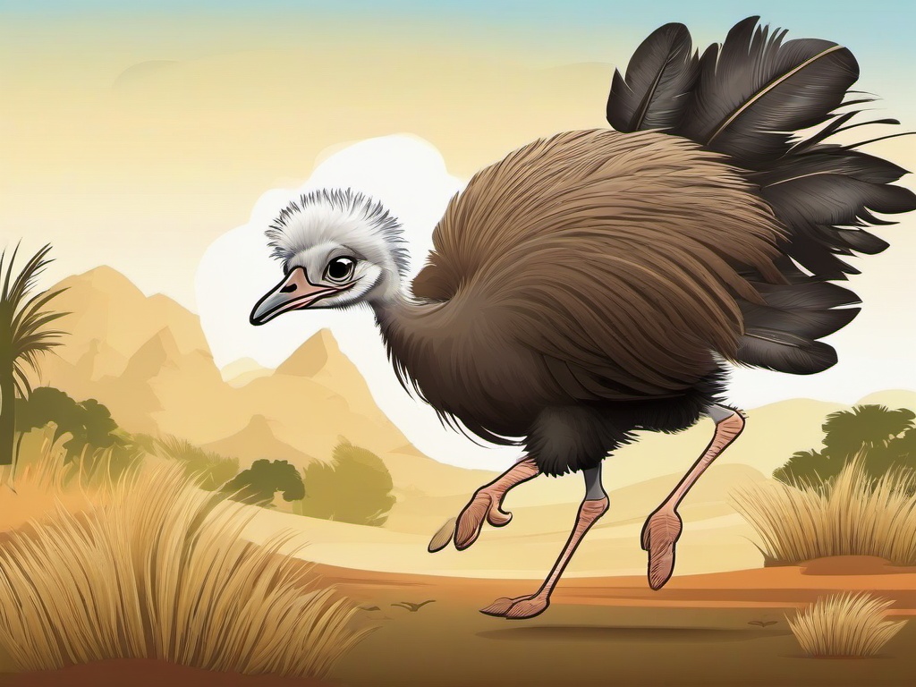 Ostrich Cartoon - Cartoon of ostrich running with feathers fluffed  