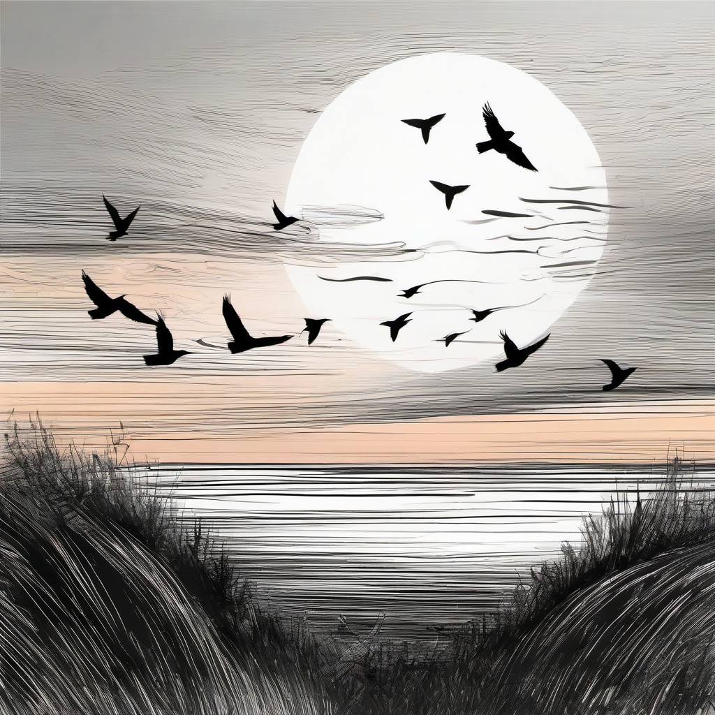 drawing of a sunset with birds flying  minimal rough sketch scribbles,doodles,black and white