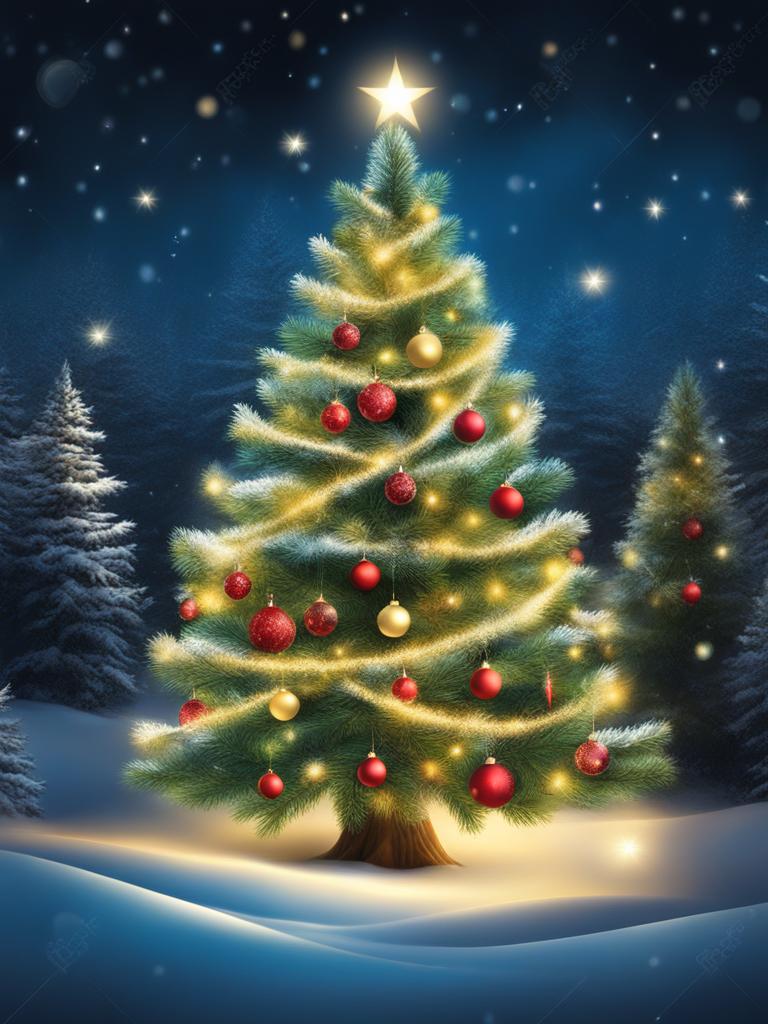 xmas tree clipart,glowing with holiday magic in a snowy forest 