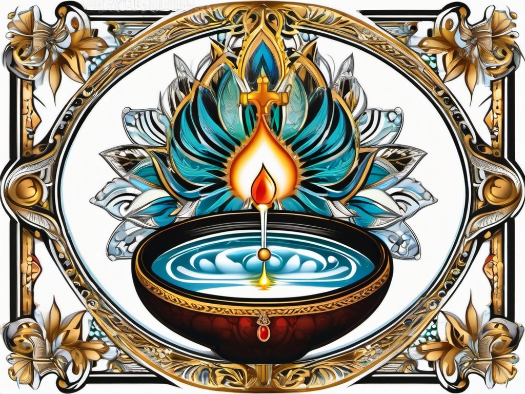 Holy water font design: Source of purification and blessing in Catholicism.  color tattoo style, white background