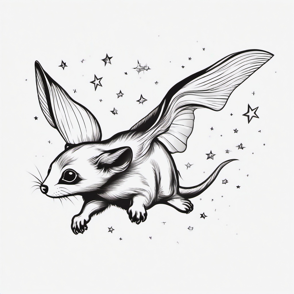 Sugarglider Tattoo - Cute sugarglider gliding through the night sky  few color tattoo design, simple line art, design clean white background