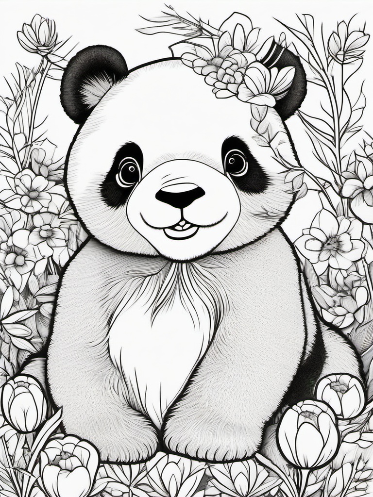 Panda Coloring Pages - Panda surrounded by vibrant flowers  simple coloring pages