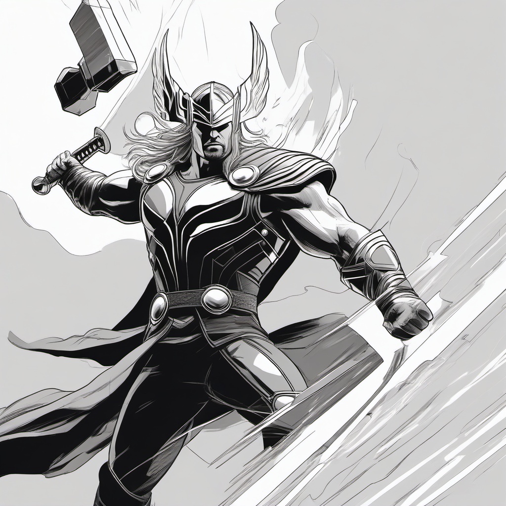 drawing of Thor wielding Stormbreaker  minimal rough sketch scribbles,doodles,black and white