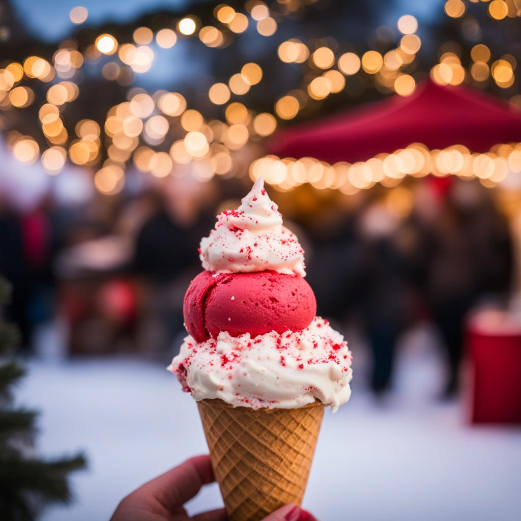 peppermint stick ice cream indulged at a festive holiday market, surrounded by twinkling lights. 