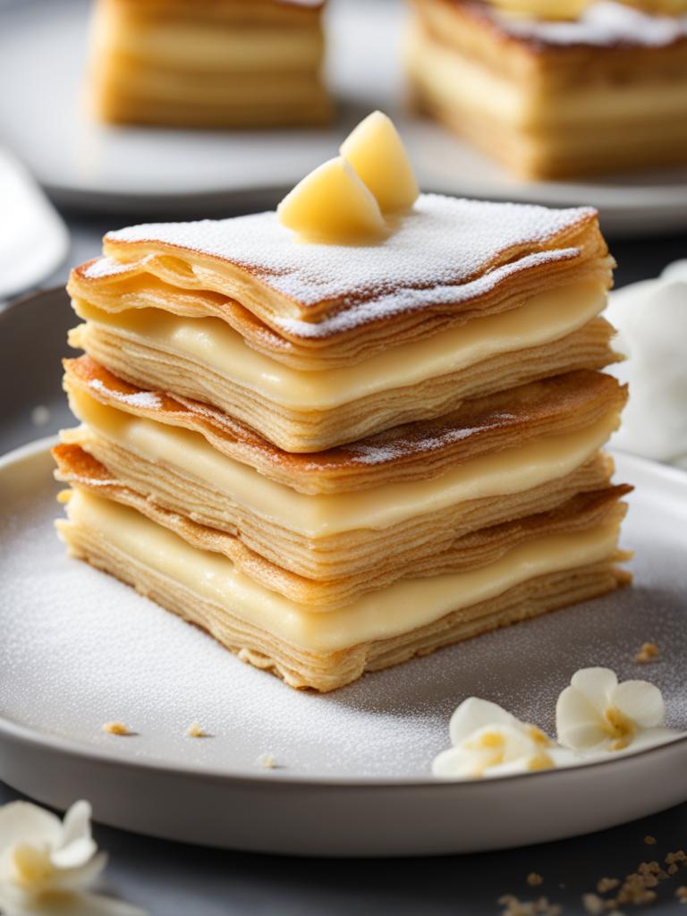 layers of delicate puff pastry and sweet vanilla custard in a mille-feuille pastry. 