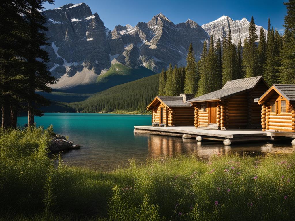 canadian log cabins, with rustic charm, sit by the lakeshores of banff, canada. 