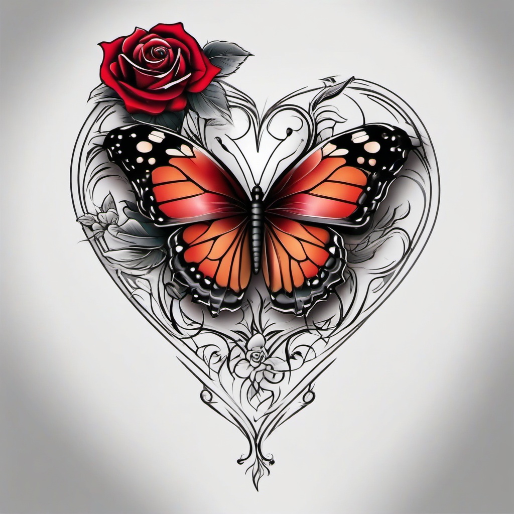 butterfly heart rose tattoo  simple color tattoo, minimal, white background