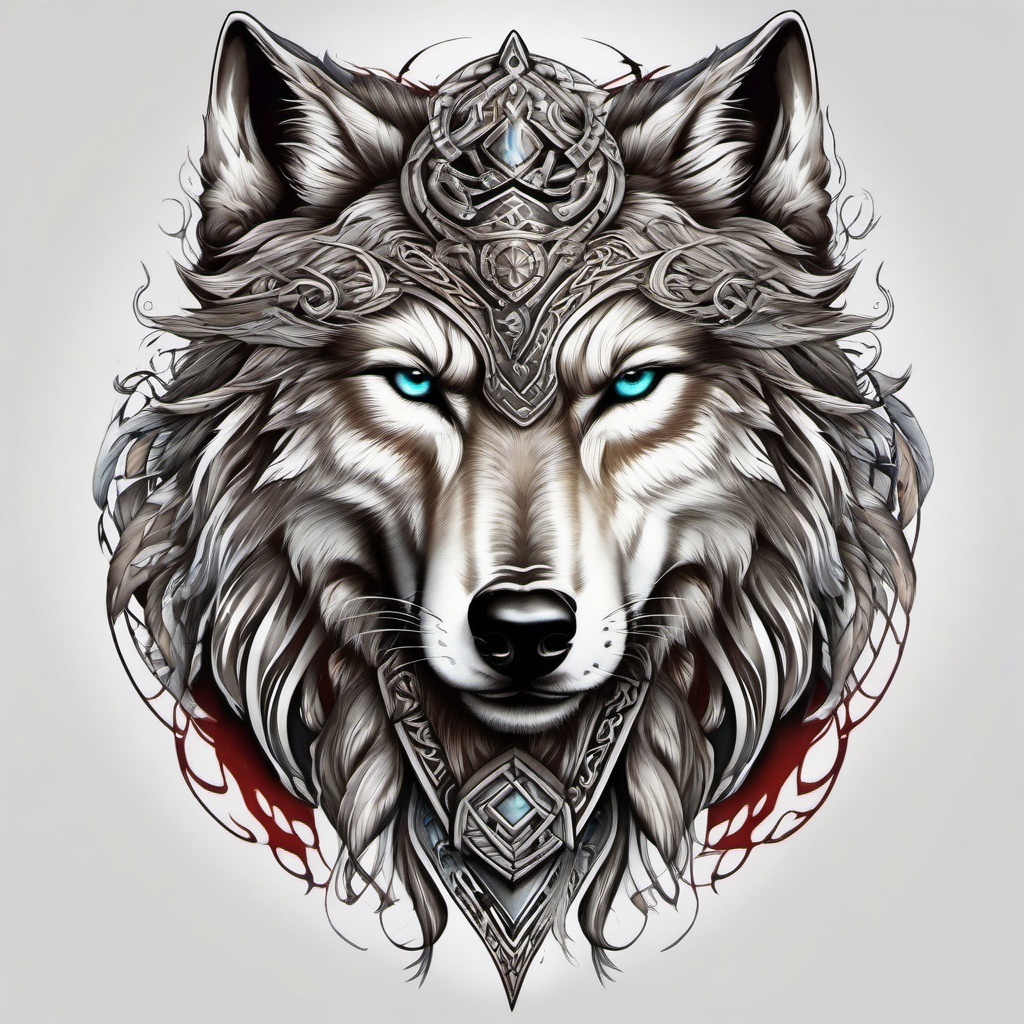 Viking Wolf Tattoo,wolf with a Viking twist, warrior spirit united with the untamed soul of the wolf. , color tattoo design, white clean background