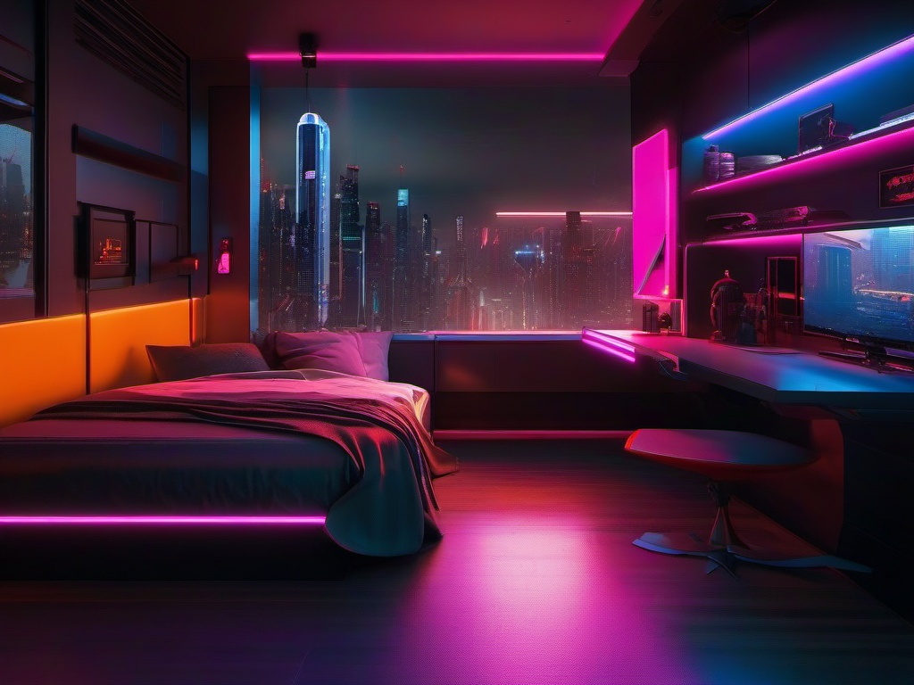 In the bedroom, cyberpunk interior design showcases bold color schemes, high-tech gadgets, and reflective surfaces that evoke a futuristic and edgy vibe for relaxation.  