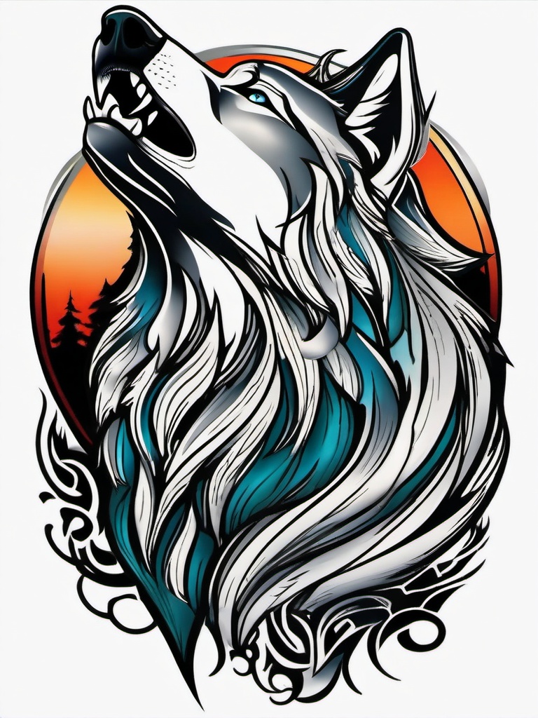 Howling Tattoo,tattoo capturing the enchanting act of a wolf's howl, tribute to the wild and untamed. , color tattoo design, white clean background