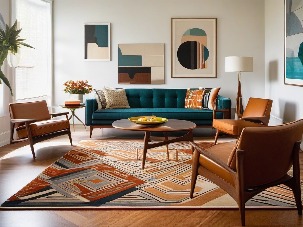 Mid-century modern living room showcases retro-style furniture, a bold geometric rug, and warm wood tones for a stylish yet functional space.  