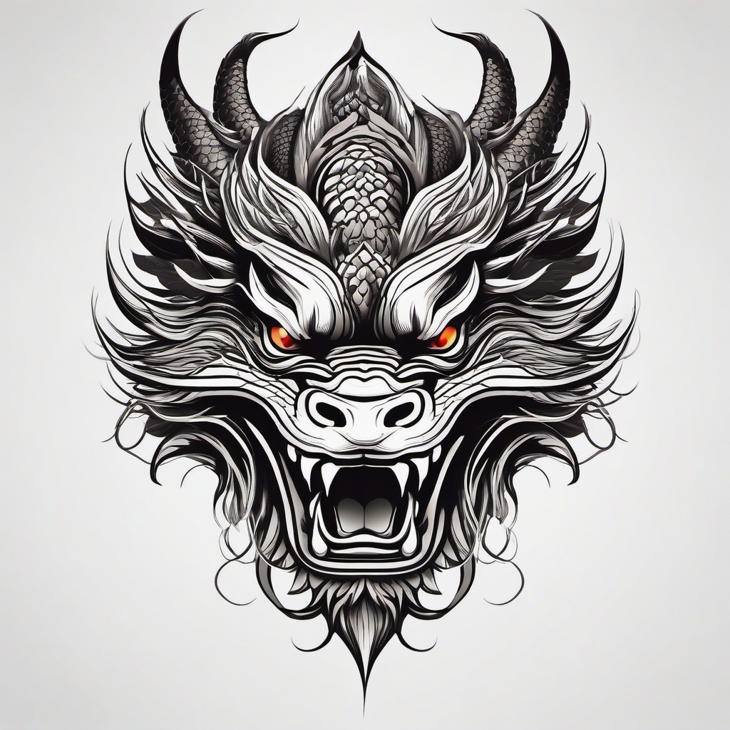 Chinese Dragon Head Tattoo - Striking tattoo featuring the head of a Chinese dragon.  simple color tattoo,minimalist,white background