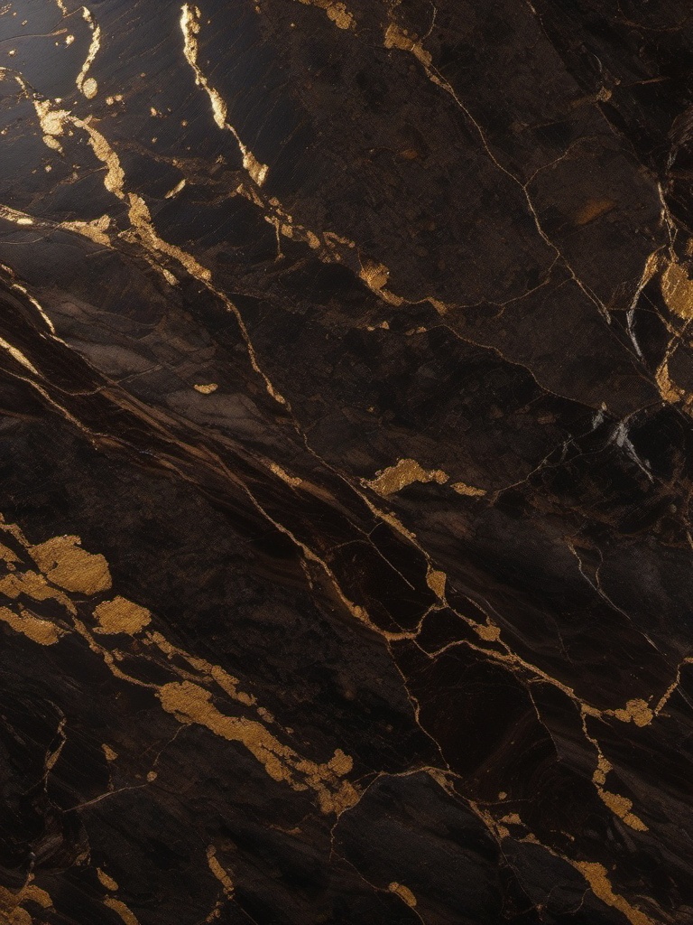 Granite featuring a dark, rich brown background and golden patterns top view, product photoshoot realistic background, hyper detail, high resolution