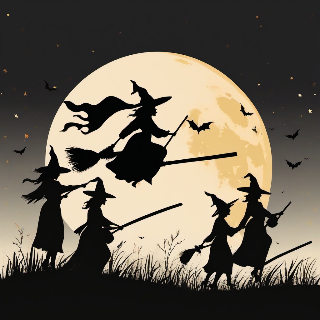 October clipart - witches flying on broomsticks under a full moon  color,minimalist,vector clipart