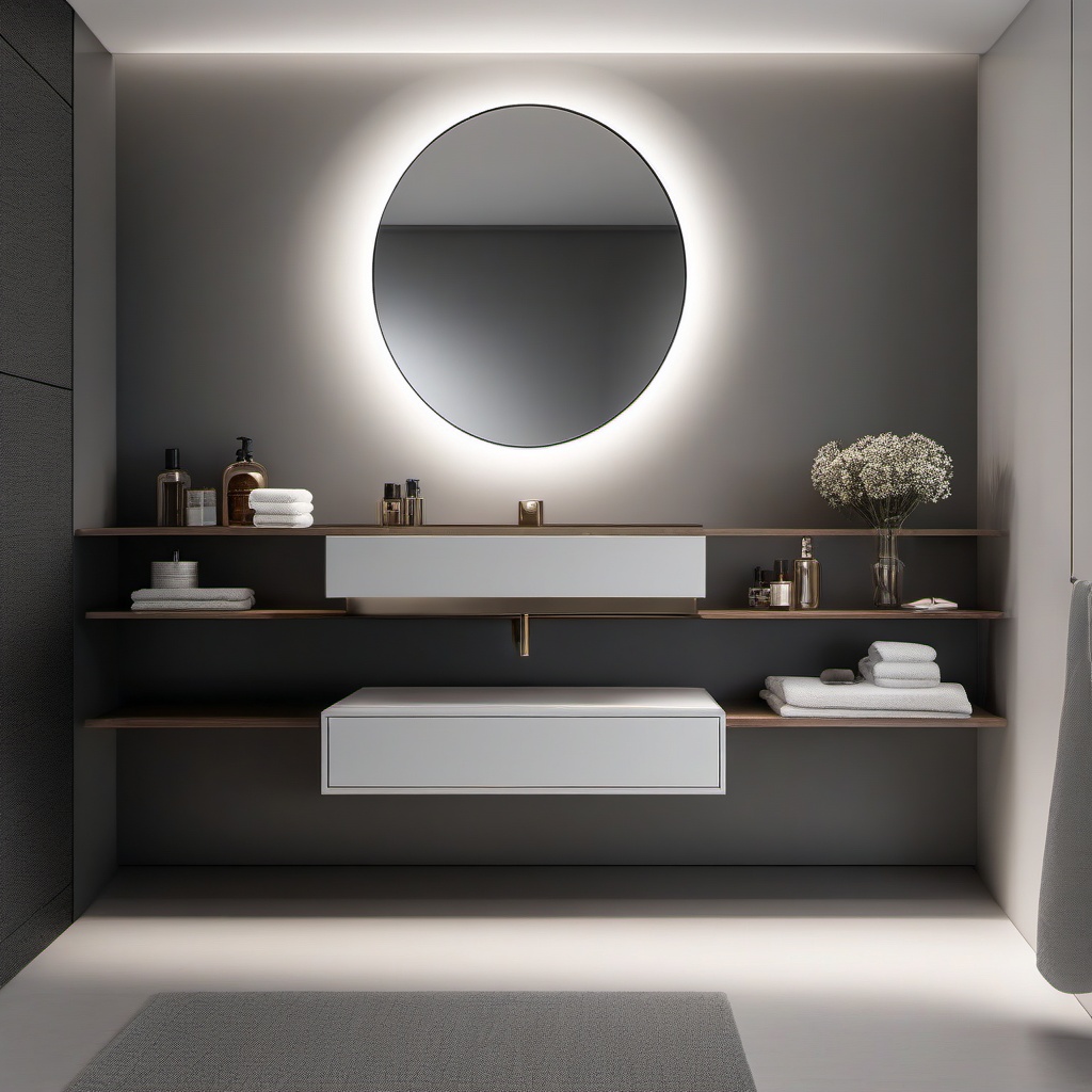 Minimalist Powder Room - Minimalism to your powder room with a floating vanity and monochrome palette. realistic, professional photography, bokeh, natural lighting, canon lens, shot on dslr 64 megapixels sharp focus