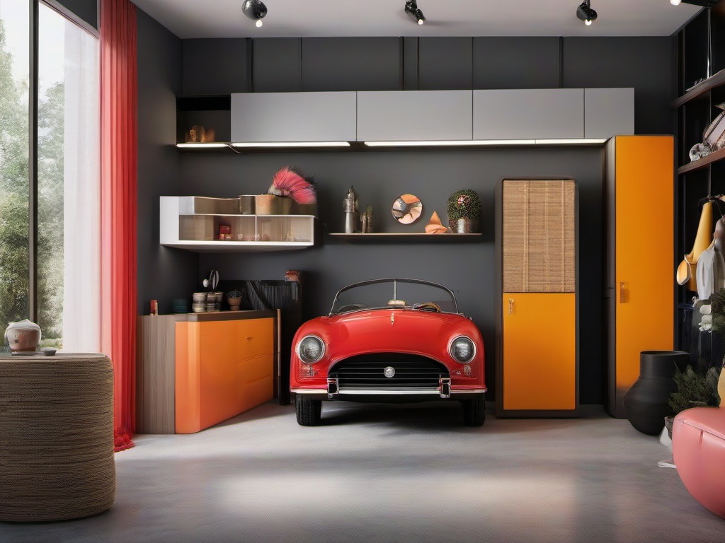 The garage features surrealist interior design with unexpected storage solutions, whimsical decor, and vibrant accents that make the space both functional and visually captivating.  