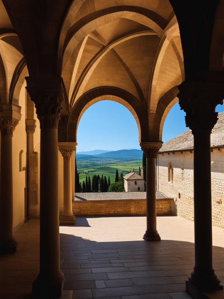 romanesque monasteries, with tranquil cloisters, inspire reflection in assisi, italy. 