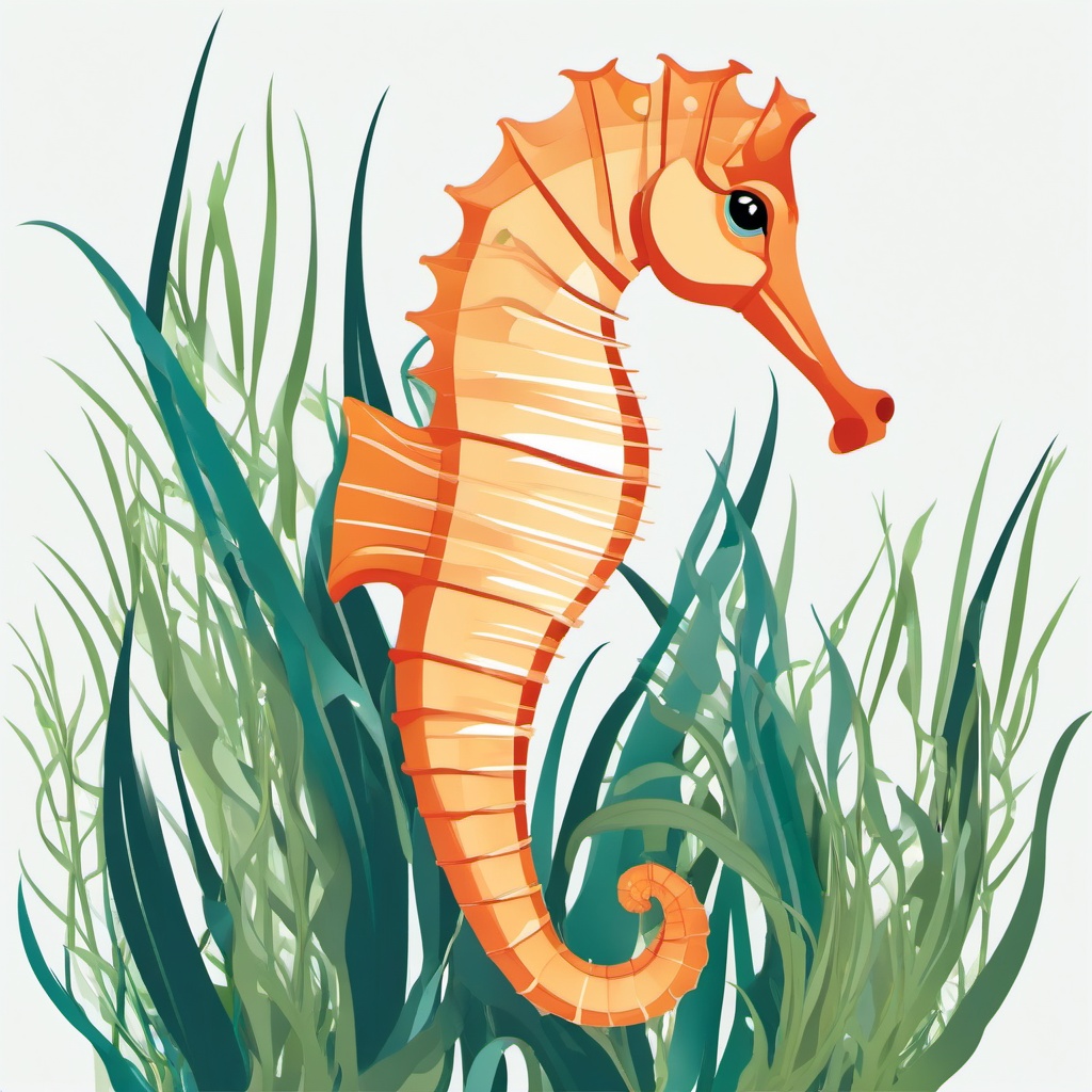 Seahorse Clip Art - A delicate seahorse clinging to seagrass,  color vector clipart, minimal style