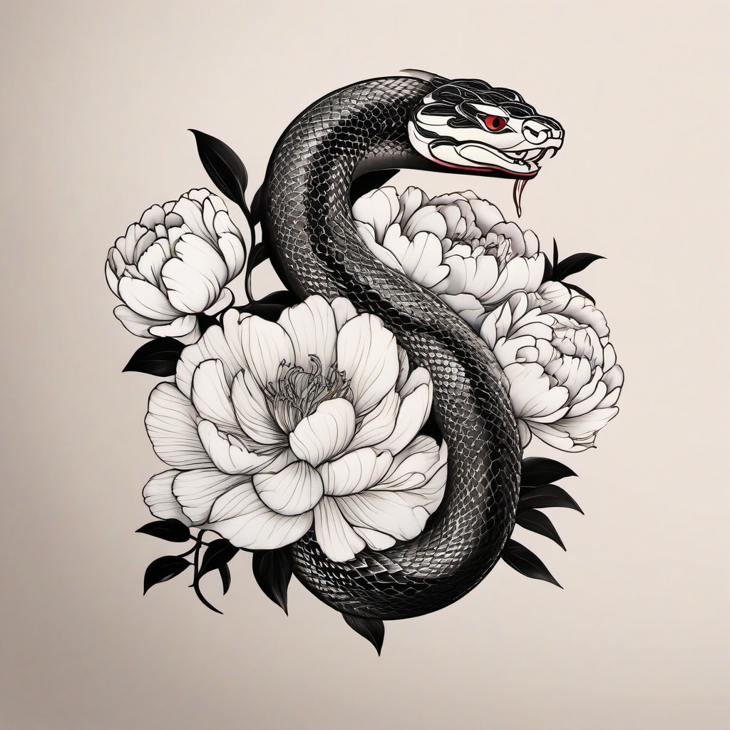 japanese snake and peony tattoo  simple color tattoo,white background,minimal