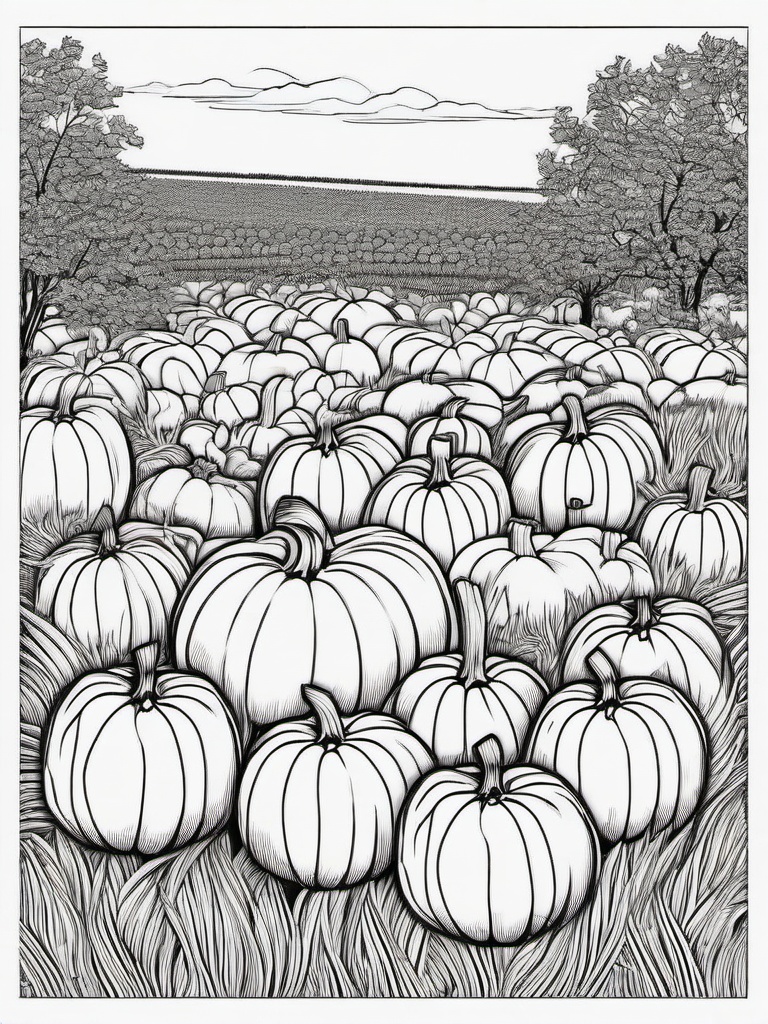 Pumpkin Patch Coloring Pages - Harvesting Pumpkins in a Rustic Field  minimal black outline printable sheet, coloring page