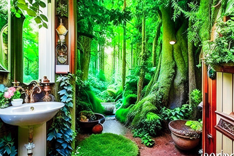 fairy tale forest bathroom with enchanted woodland murals and mossy accents. 