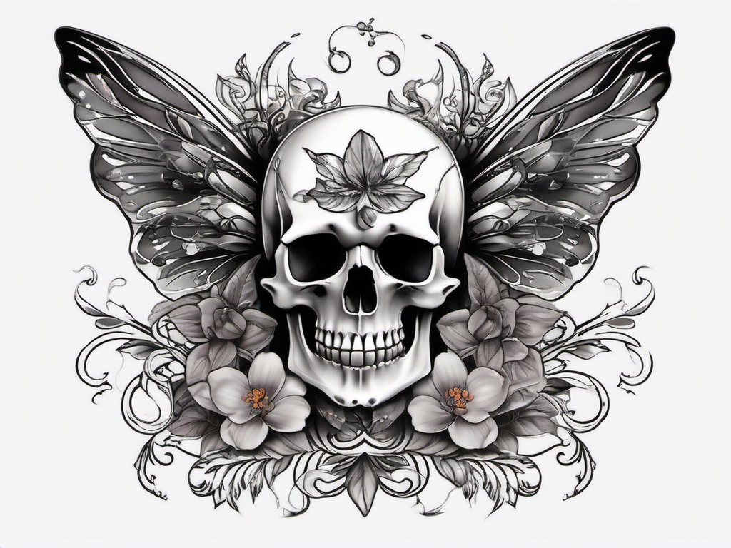 fairy and skull tattoos  simple color tattoo style,white background