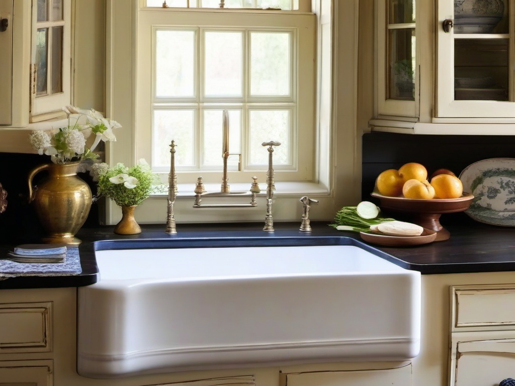 French country kitchen with distressed La Cornue range, Shaws farmhouse sink, and vintage Anthropologie ceramic dishware.  