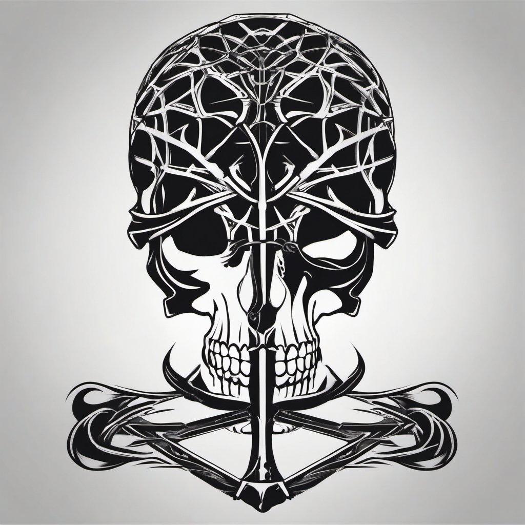 Bones intertwine, forming a skeletal mark in the death tattoo.  black and white tattoo style